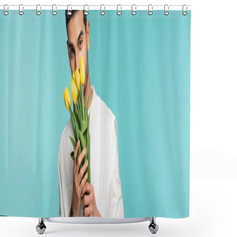 Personality  Arabian Man Covering Face With Flowers Isolated On Blue, Banner  Shower Curtains