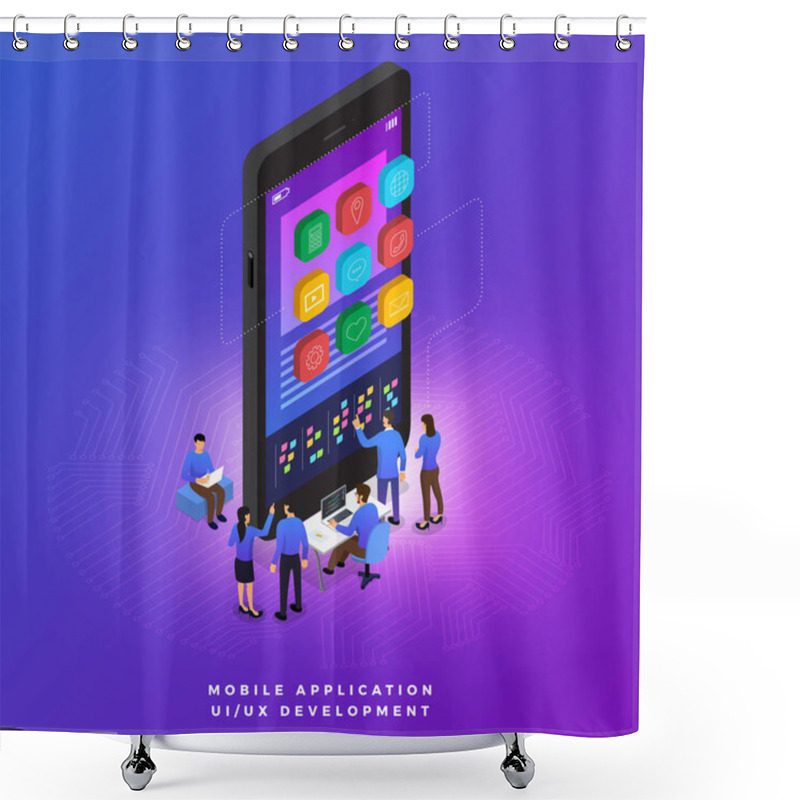 Personality  Business Concept Teamwork Of Peoples Working UI / UX Development. Vector Illustrations. Shower Curtains