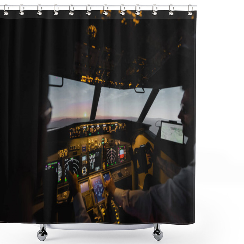 Personality  Blurred Professionals Piloting Airplane In Evening During Sunset  Shower Curtains