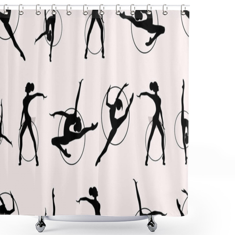 Personality  Pattern Of Girl Rhythmic Gymnastics With Hoops Vector Illustration. Women Acrobatic Gymnastics, Flat. Shower Curtains