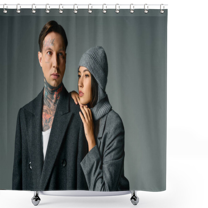 Personality  A Young Couple Embraces, Showcasing Their Fashion Sense In Cozy Winter Attire With A Modern Twist. Shower Curtains