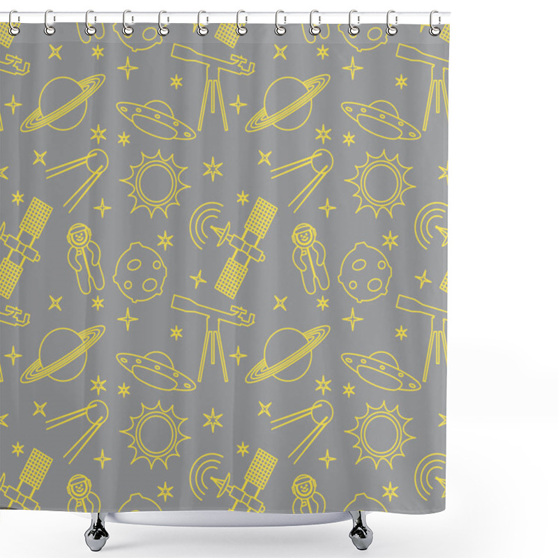 Personality  Seamless Pattern With Telescope, UFO, Satellite, Planets, Astronaut, Orbital Station, Sun, Stars. Space Exploration. Astronomy. Science. Illuminating And Ultimate Gray. Shower Curtains