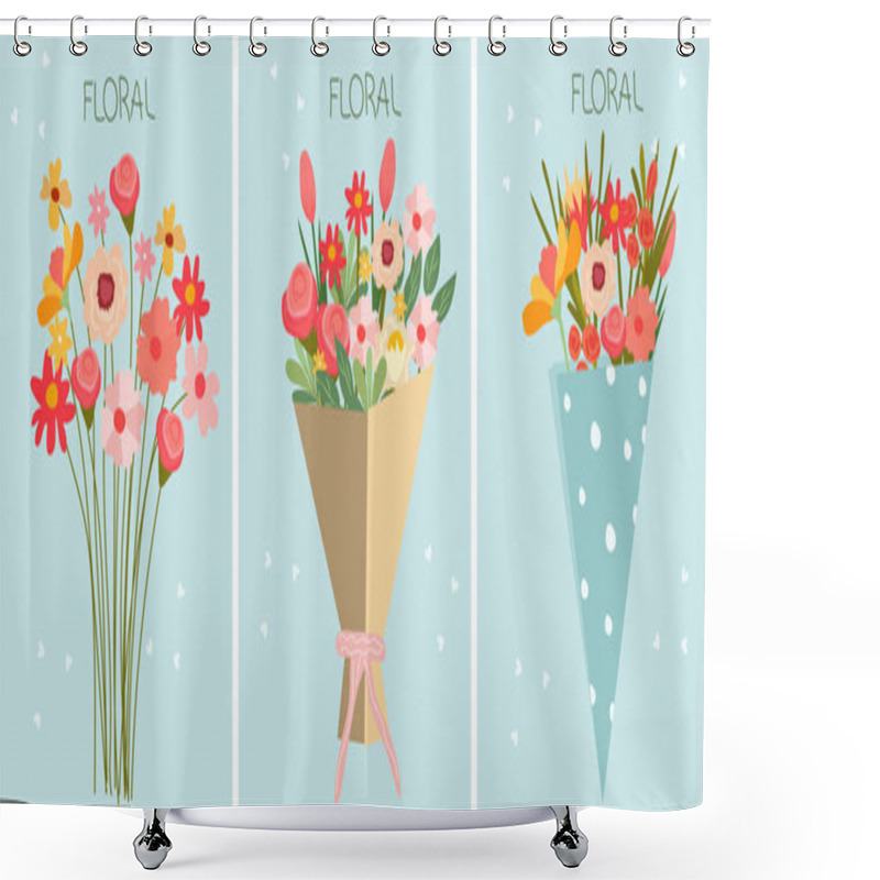 Personality  Flat-style Vector Illustration Of A Blossoming Flower Bouquet A Blue Background.Tulip, Chamomile, Rose And Wildflowers In Craft Paper, Perfect For Various Celebrations. Vector Illustration. Shower Curtains