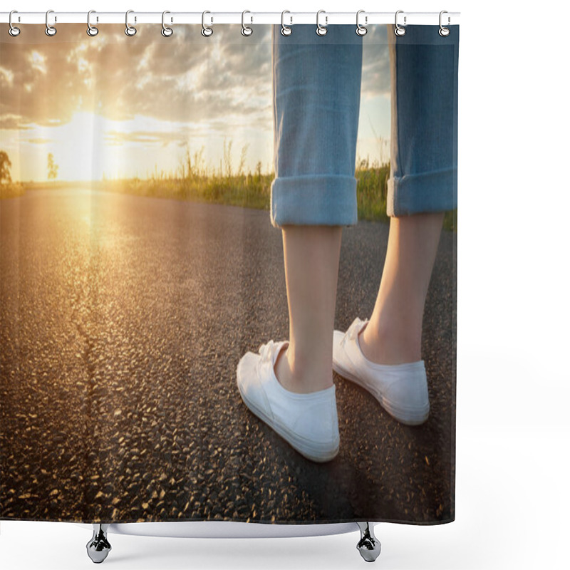 Personality  Woman In Sneakers Standing On Asphalt Road Shower Curtains