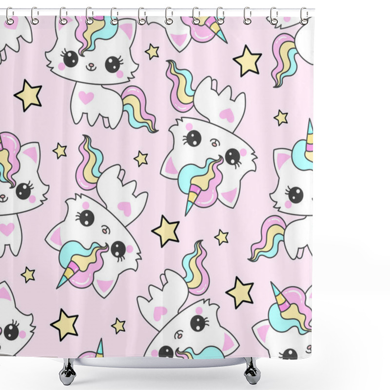 Personality  Seamless Pattern With Cat Unicorn And Stars On A Pink Background. Vector Shower Curtains