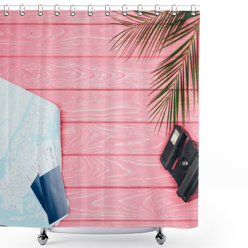 Personality  Top View Of Flight Tickets With Map And Instant Print Camera On Pink Wooden Surface Shower Curtains