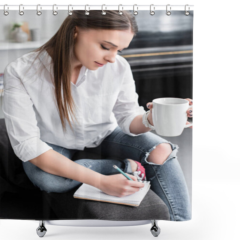 Personality  Attractive Girl Sitting With Coffee Cup And Writing In Notebook At Home Shower Curtains