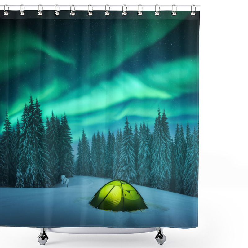 Personality  Yellow Tent Against The Backdrop Of Incredible Starry Sky Shower Curtains