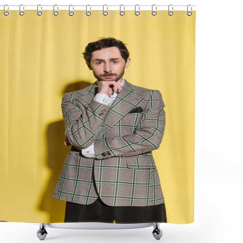 Personality  Portrait Of Fashionable Man In Checkered Jacket Looking At Camera On Yellow Background  Shower Curtains