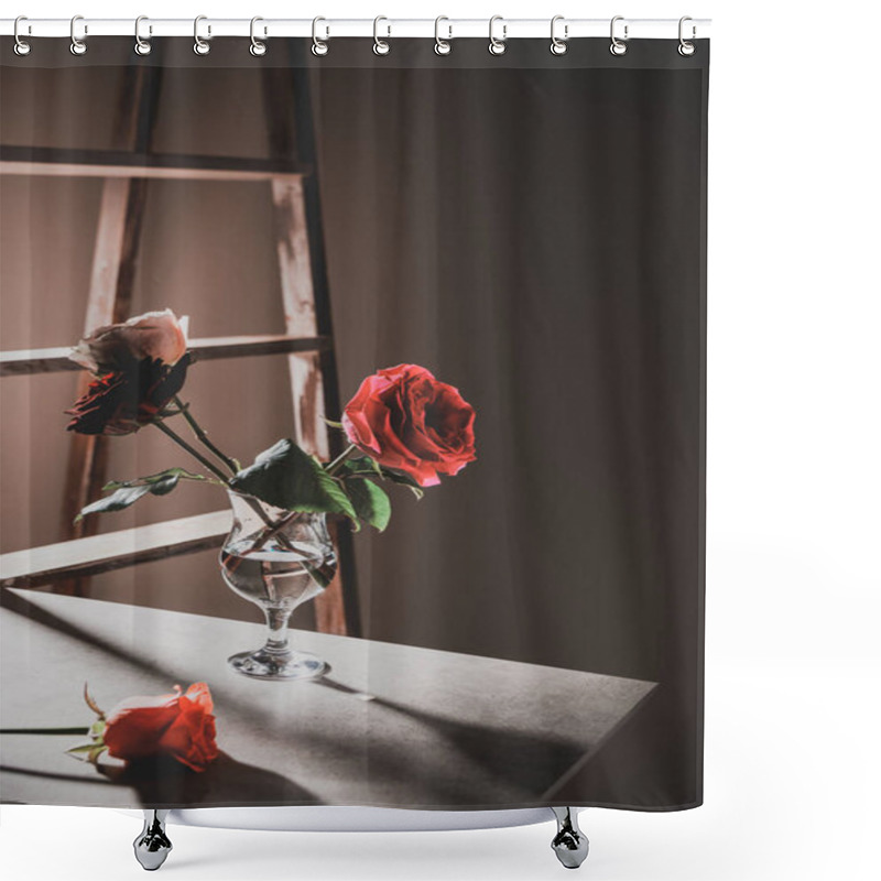 Personality  Red Rose Flowers In Wine Glass On Stone Table With Wooden Ladder On Background Shower Curtains