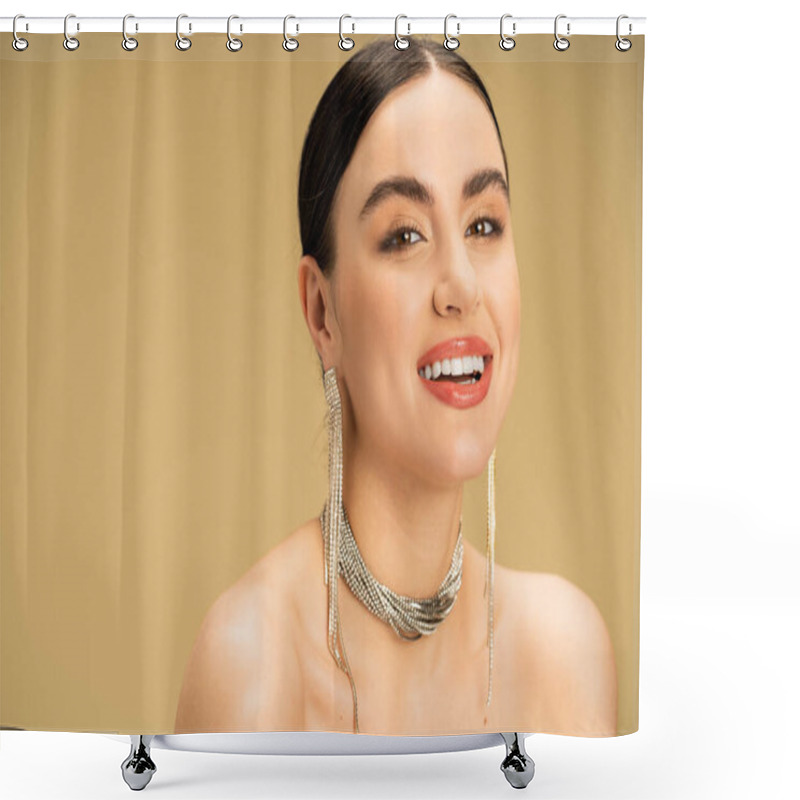 Personality  Elegant Woman In Necklace And Earrings Looking At Camera While Smiling Isolated On Beige  Shower Curtains