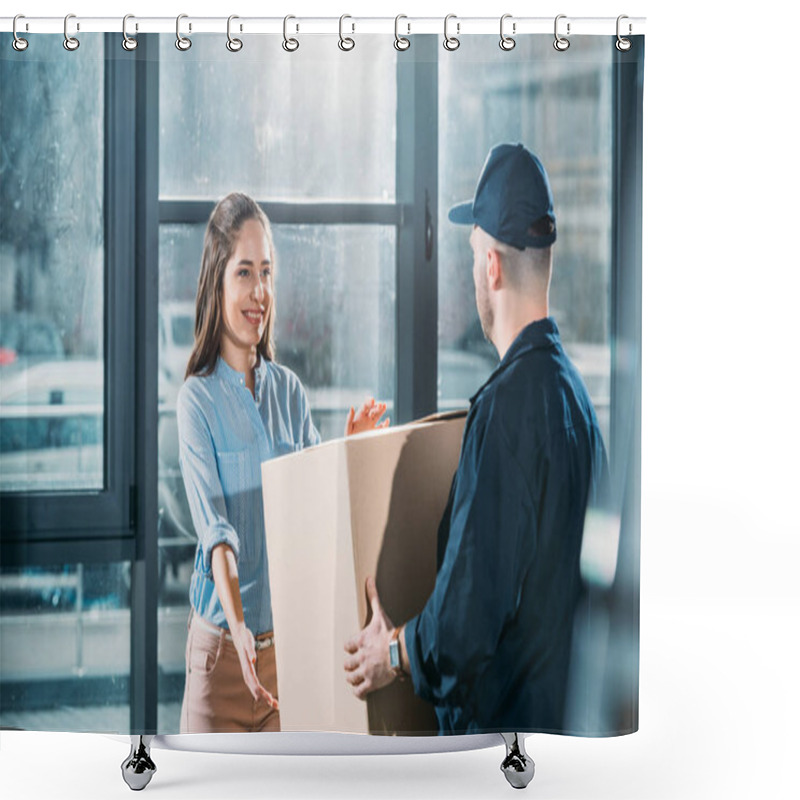 Personality  Woman Receiving Package From Delivery Man  Shower Curtains