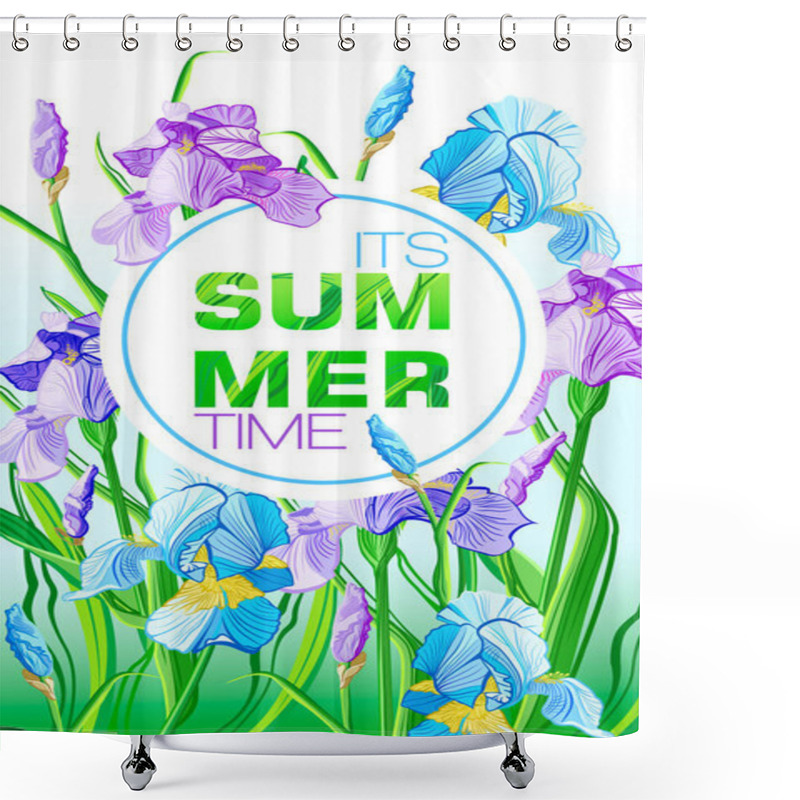 Personality  Summer Time Banner With Blue And Purple Flowers, Flower Iris Design For Banner, Flyer, Invitation, Poster, Placard, Web Site Or Greeting Card.  Shower Curtains