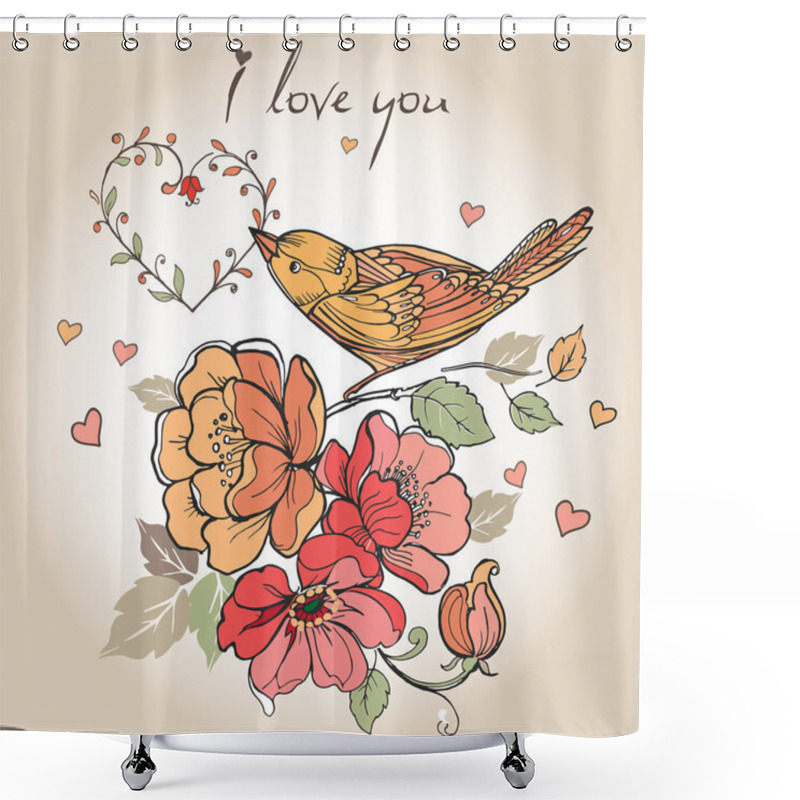 Personality  Vintage Postcard Flowers, Birds, Hearts, I Love You. Can Be Used For Cards, Invitations, Banners, Template For Design And Decoration, Etc. Shower Curtains