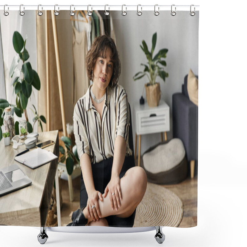 Personality  Curly-haired Woman Enjoys A Peaceful Moment In Her Contemporary Apartment Filled With Greenery. Shower Curtains