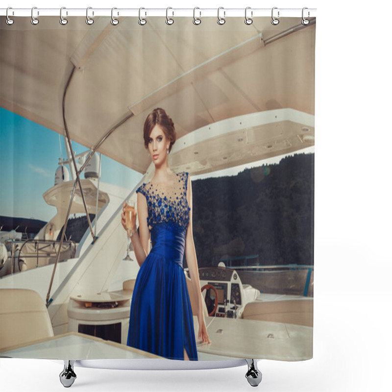 Personality  Beautiful Young Sexy Girl In A Dress And Makeup, Summer Trip On A Yacht With White Sails On The Sea Or Ocean Shower Curtains