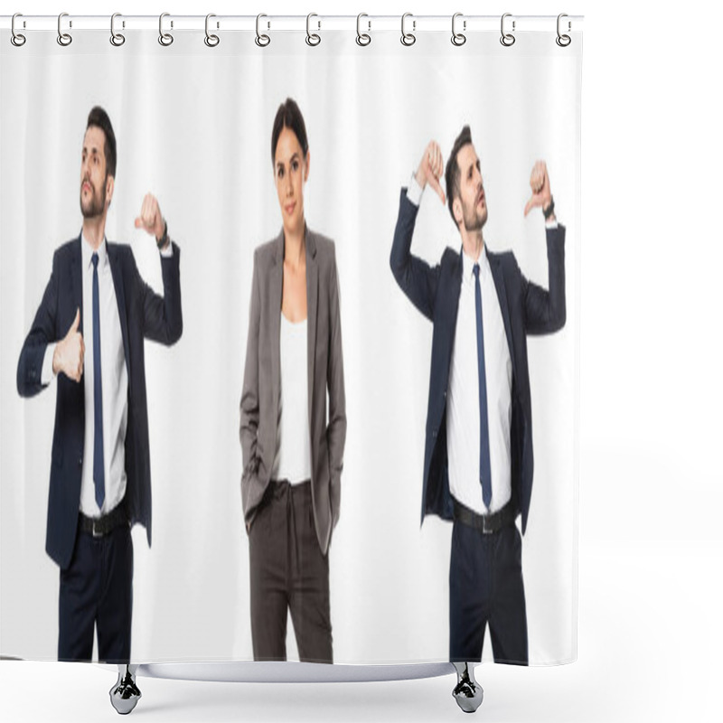 Personality  Collage Of Businesswoman Standing With Hands In Pockets And Arrogant Businessman Pointing With Thumbs At Himself Isolated On White Shower Curtains