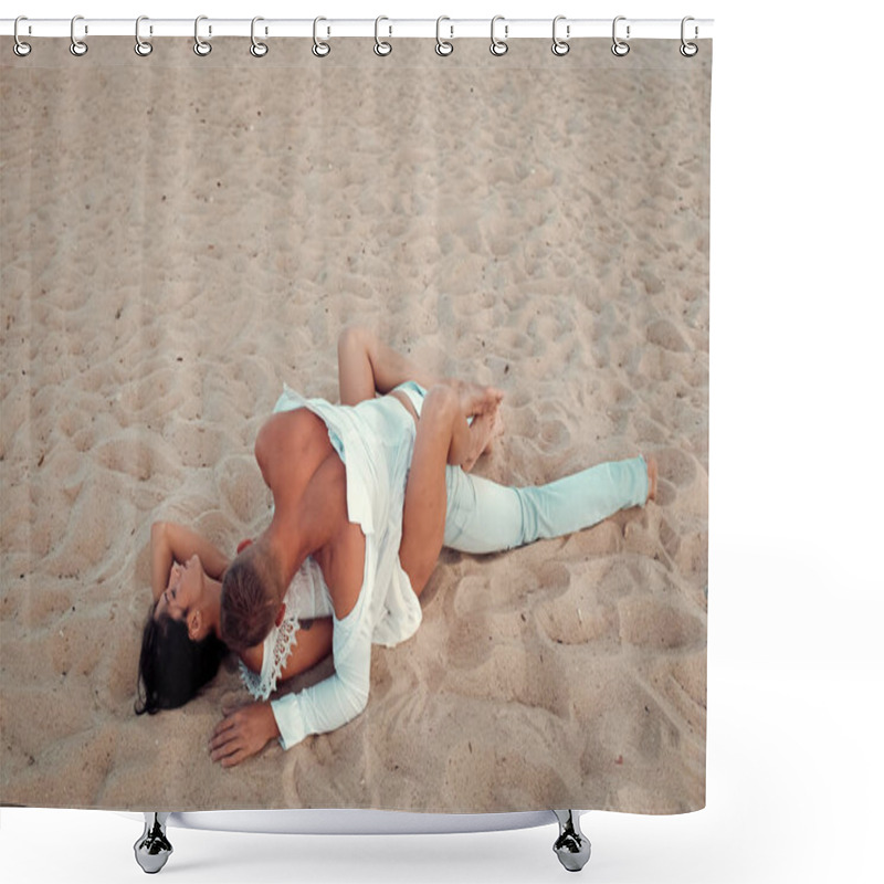 Personality  Honeymoon. Sex On Beach Concept. Couple Full Of Desire Have Sex On Sand Of Seashore. Sensual Lovers Making Love At Seashore. Couple In Love Have Sex, Makes Love On Sand Beach Shower Curtains