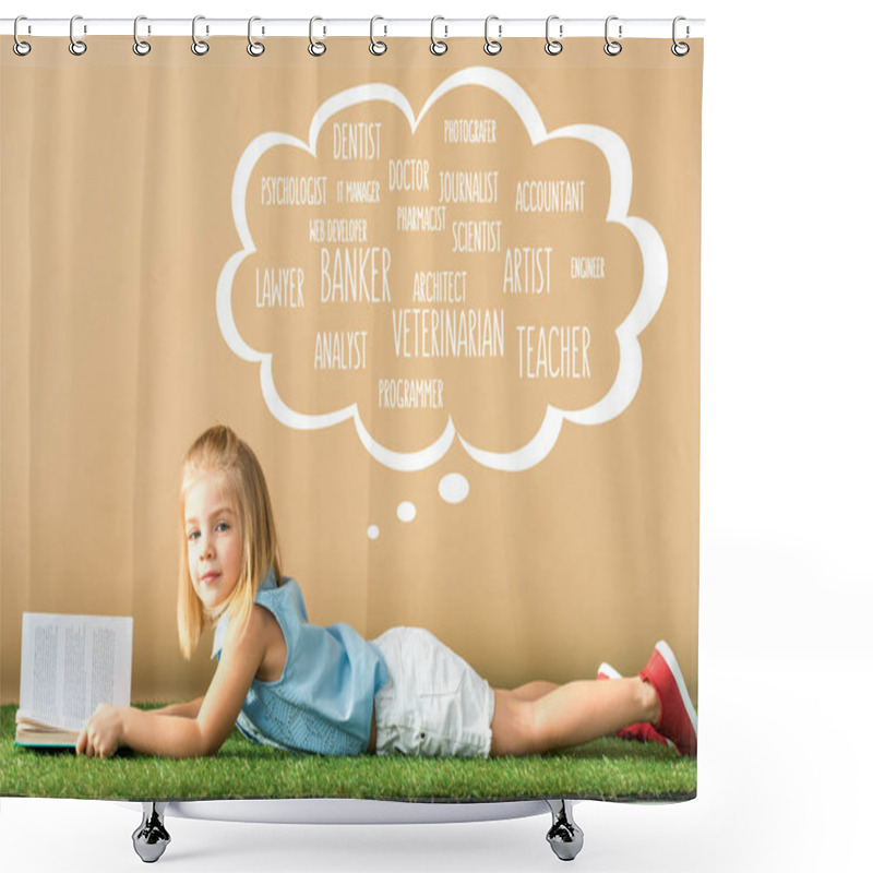 Personality  Cute Kid Lying On Grass Rug And Holding Book On Beige Background With White Thought Bubble With Various Professions  Shower Curtains