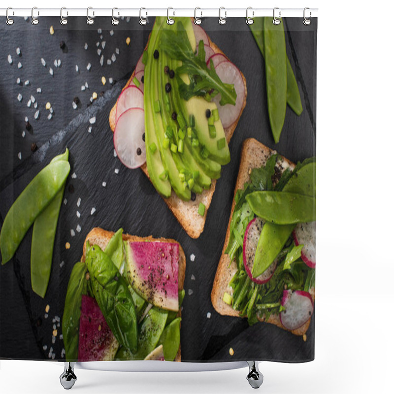 Personality  Top View Of Fresh Toasts With Vegetables On Stone Board With Pepper And Salt Shower Curtains