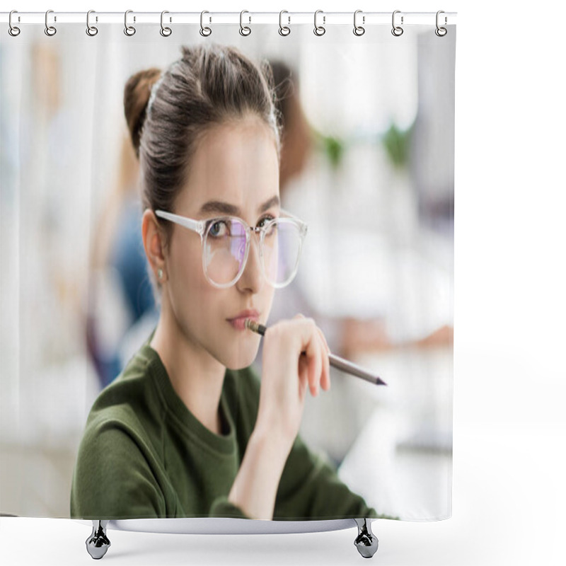 Personality  Serious Teenage Girl With Pencil Shower Curtains