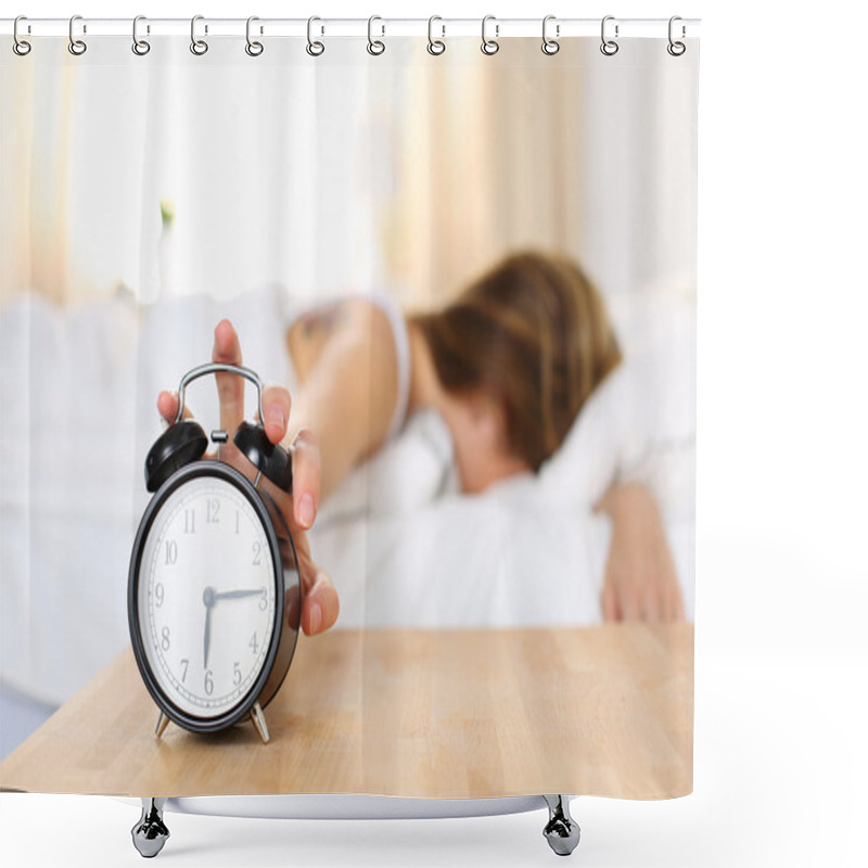 Personality  Sleepy Young Woman Trying Kill Alarm Clock Shower Curtains