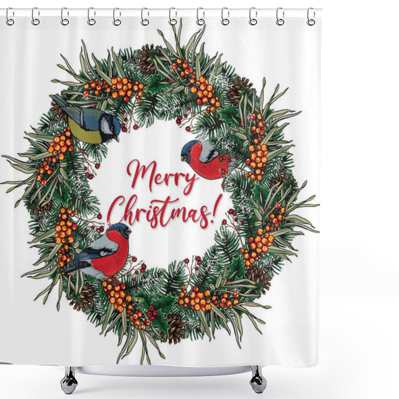 Personality  Christmas Wreath Of Branches Of A Christmas Tree, Cones, Sea Buckthorn, Bullfinch Birds And Titmouse With The Inscription Merry Christmas! Souvenirs, Congratulations, Postcard For The New Year. Shower Curtains