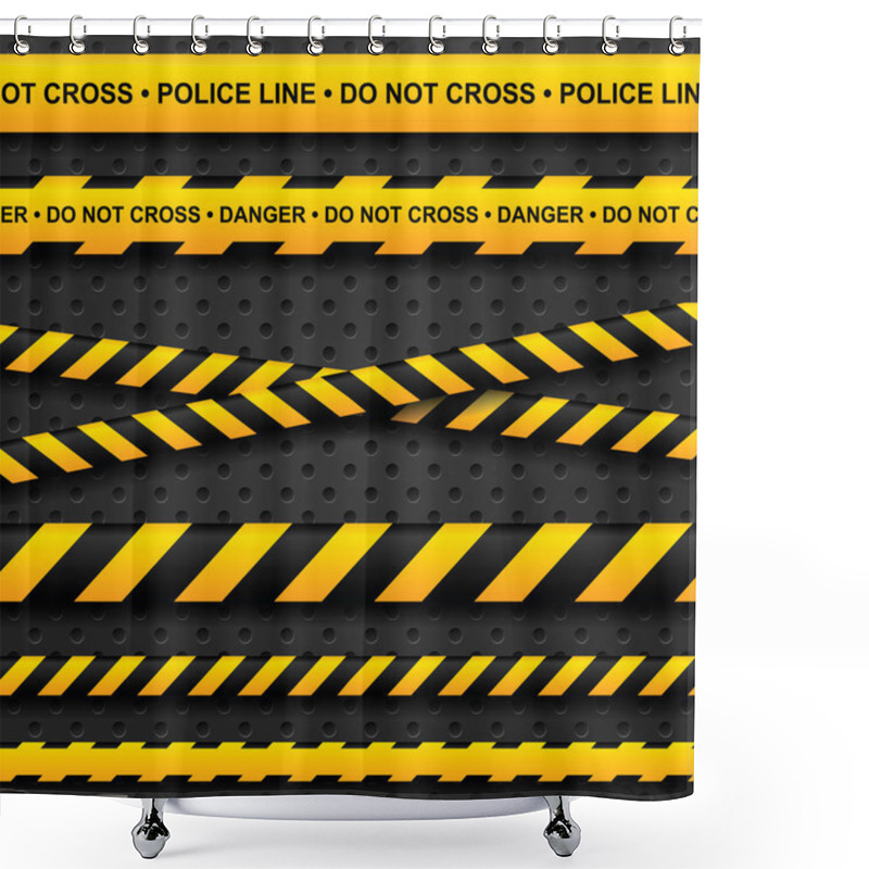 Personality  Police Line And Danger Tapes On Dark Background Shower Curtains