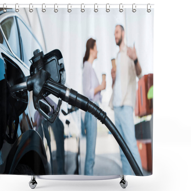 Personality  Selective Focus Of Black Automobile Refueling With Benzine Near Man And Woman On Gas Station  Shower Curtains