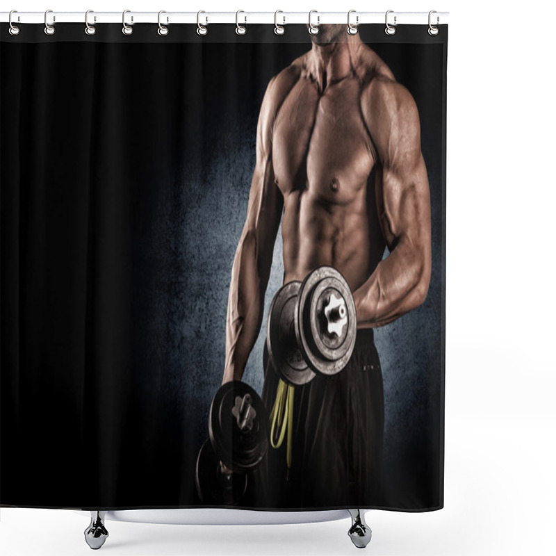 Personality  Closeup Of A Muscular Young Man Lifting Weights Shower Curtains