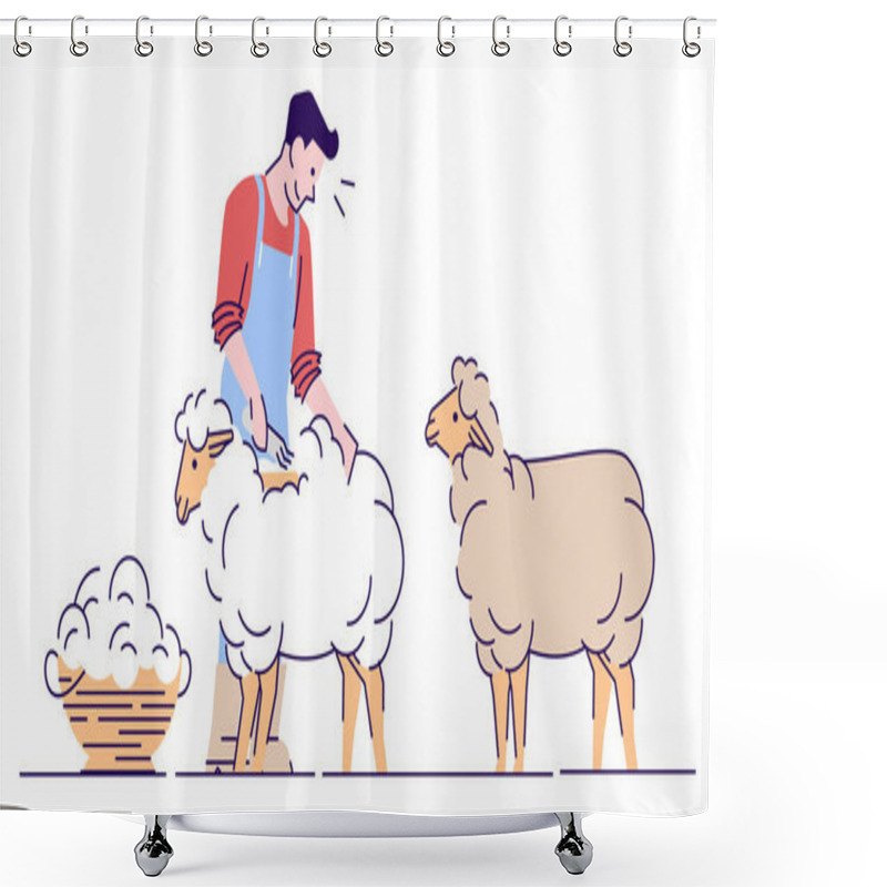 Personality  Male Farmer Shearing Sheep Flat Vector Character. Wool Production. Livestock Farming, Domestic Animal Husbandry Isolated Cartoon Concept With Outline. Shearer, Farm Worker Cutting Merino Wool Shower Curtains