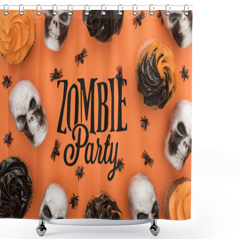 Personality  Top View Of Delicious Halloween Cupcakes With Spiders And Skulls On Orange Background With Zombie Party Illustration  Shower Curtains