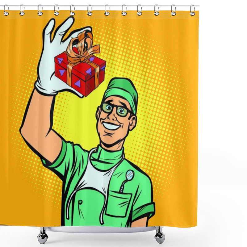 Personality  Dentist With A Gift. New Tooth Implant. Comic Cartoon Pop Art Retro Vector Illustration Drawing Shower Curtains