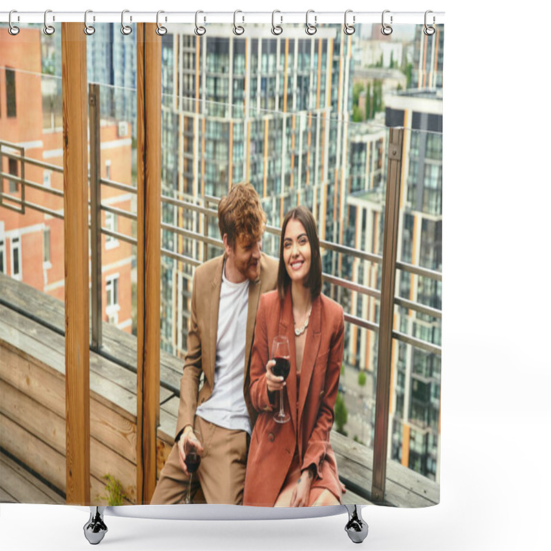 Personality  A Smiling Couple Relaxes With A Glass Of Wine, Embraced By The Warmth Of The Setting Sun And The Cityscape Shower Curtains