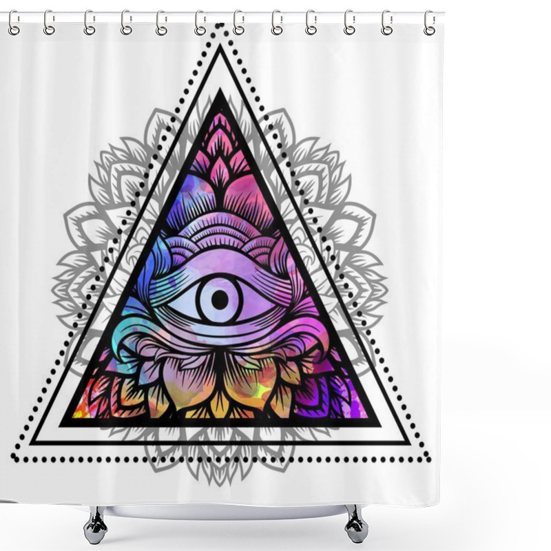 Personality  Third Eye With Floral Mandala Inside The Triangle. Zentangle Hand Drawing Boho Style. For Adult Coloring Book And Meditation Relax. Watercolor, Chalk, Pastels, Pencils Texture. T-shirt Design. Vector Shower Curtains