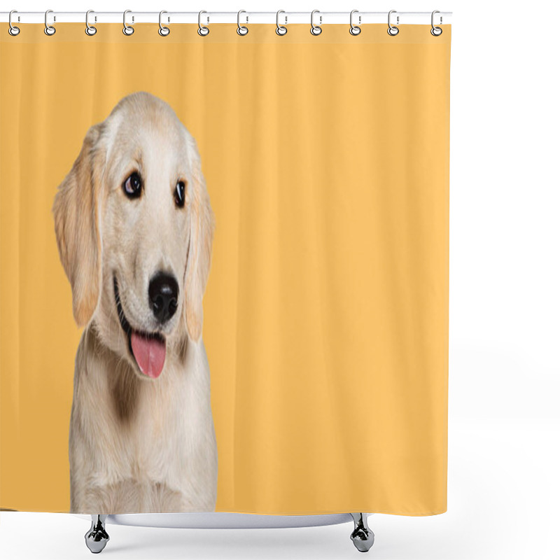 Personality  Happy Panting Puppy Golden Retriever Looking Away, Four Months Old, Agaisnt Pastel Yellow Background Shower Curtains