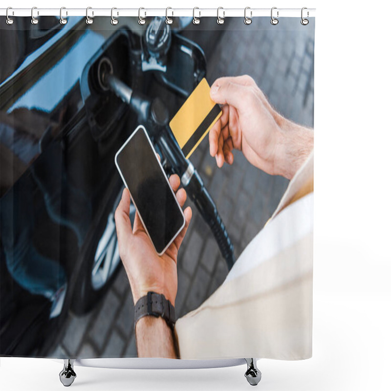 Personality  Cropped View Of Man Holding Credit Card Near Smartphone With Blank Screen  Shower Curtains