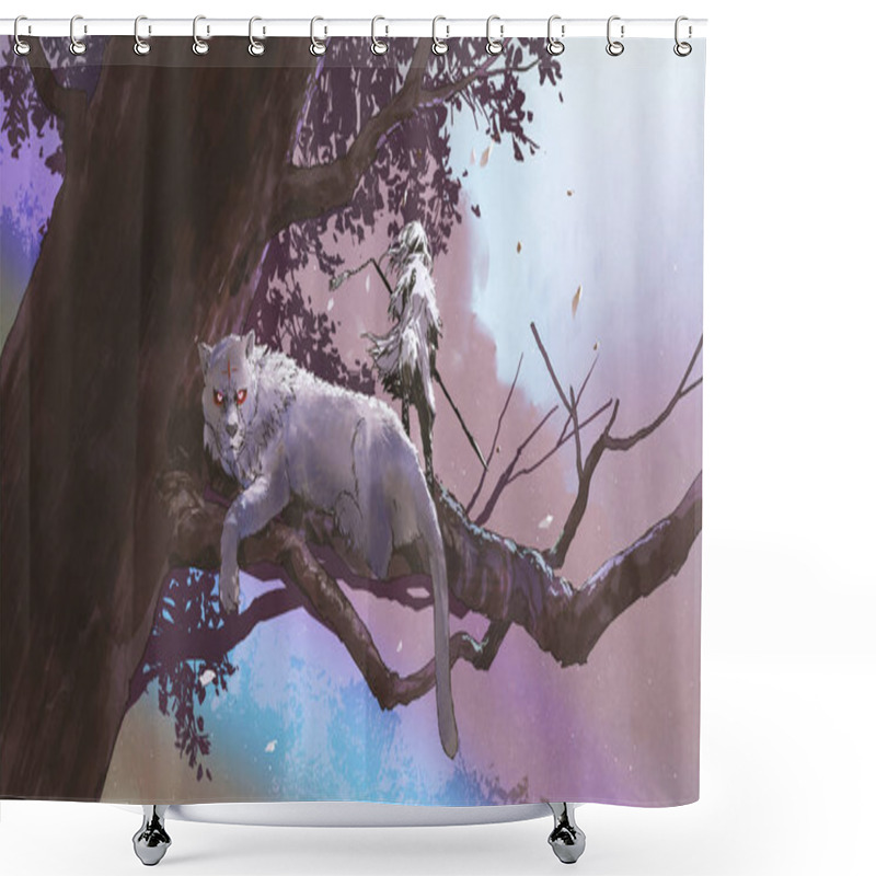 Personality  Little Girl With A Magic Spear Standing Near Her Tiger On A Big Tree, Digital Art Style, Illustration Painting Shower Curtains