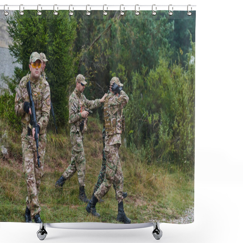 Personality  A Group Of Elite Soldiers Leads Captives Through A Military Camp, Showcasing A Tense Atmosphere Of Detention And Security Operations.  Shower Curtains