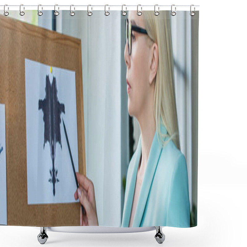 Personality  Side View Of Psychologist Pointing At Rorschach Test On Board In Consultation Room, Banner  Shower Curtains