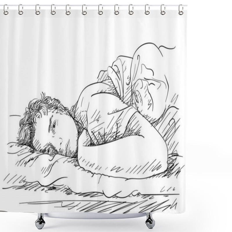 Personality  Sketch Of Handsome Man Laying In Bed With Sleepy Open Eyes, Hand Drawn Vector Illustration With Cross Hatching Shower Curtains