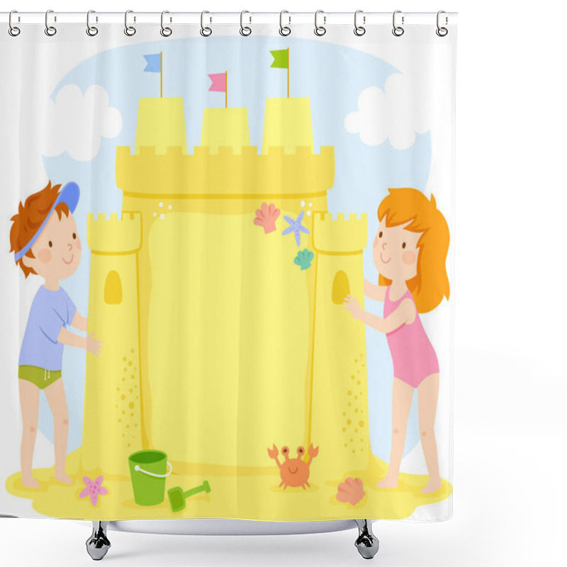 Personality  Kids Building A Sand Castle At The Beach. The Castle Contains Copy Space.  Shower Curtains