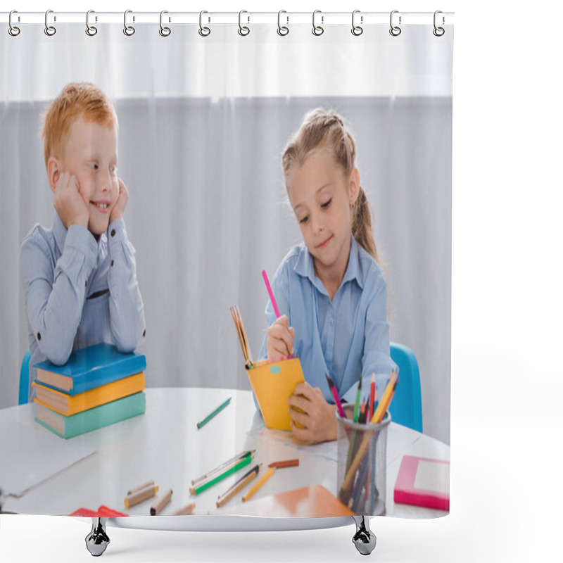 Personality  Portrait Of Smiling Red Hair Boy Looking At Classmate Writing In Notebook In Classroom  Shower Curtains