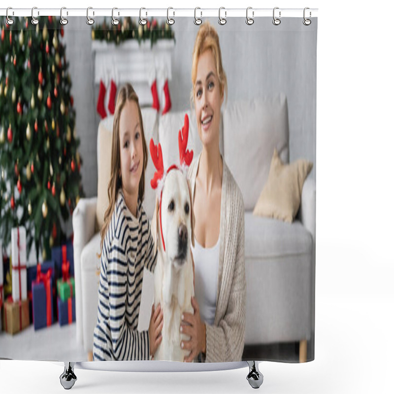 Personality  Cheerful Daughter And Mom Looking At Camera While Petting Labrador With Christmas Headband At Home, Banner  Shower Curtains