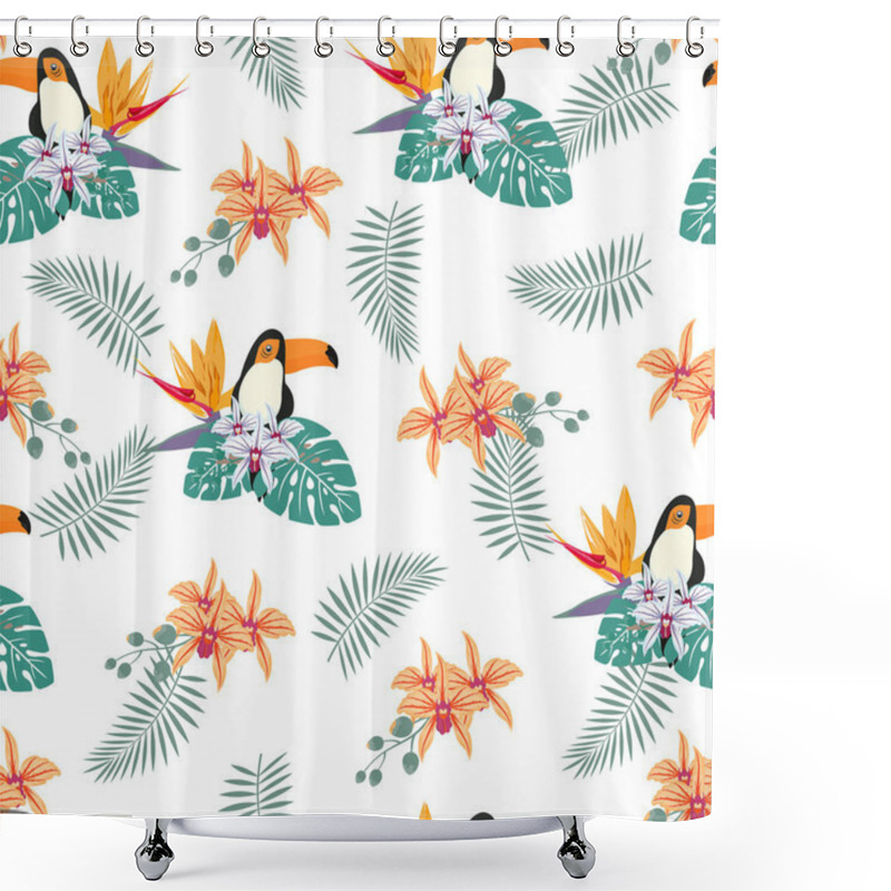 Personality  Seamless Pattern With Foxwood, Orchids And Palm Leaves On White Background, Wallpapers With Flowers And Birds Shower Curtains