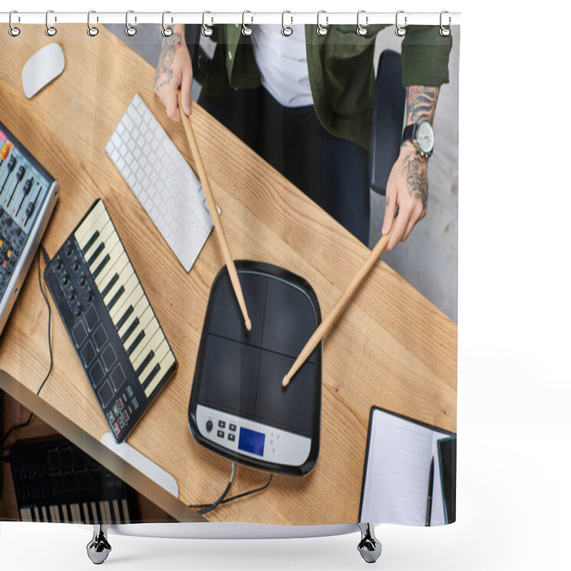 Personality  A Young Asian Man Plays A Drum Pad And Keyboard In His Studio. Shower Curtains