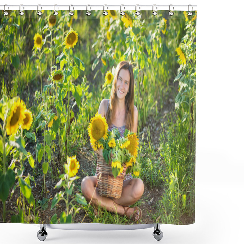 Personality  Cute Beautiful Young Girl Lady Woman Sitting On A Field With Big Sunflowers.Brunette With Blue Eyes Wearing Colorful Dress Italian Leghorn Sun Bonnet Hat On Dale Lea Of Green Yellow Blooms Blossom. Shower Curtains