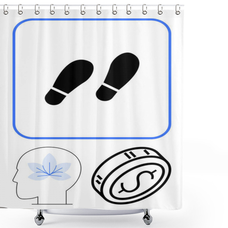 Personality  Footsteps Inside A Blue-bordered Square, Human Head Profile With A Blue Flower, And Coin With Dollar Sign. Ideal For Mindfulness, Finance, Mental Health, Self-improvement, Progress, Earnings Shower Curtains