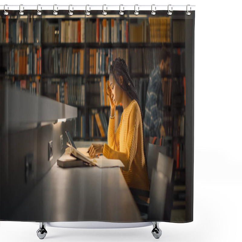 Personality  University Library: Gifted Black Girl Uses Laptop, Writes Notes For The Paper, Essay, Study For Class Assignment. Students Learning, Studying For Exams College. Side View Portrait With Bookshelves Shower Curtains