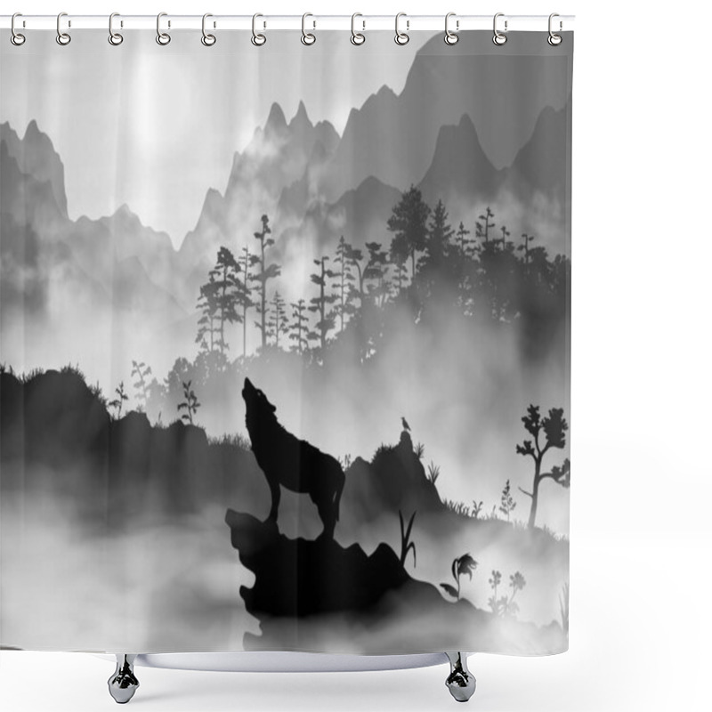 Personality  Silhouette Of The Wolf Howling At The Moon At Night In Front Of The Mountains Inside The Mist Clouds. Hight Detailed Realistic Black And White Vector Illustration. Shower Curtains